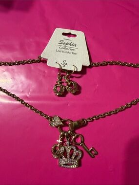 Sophia Collection Y2K Gold Crown Key Charm Necklace & Earring Set NWT